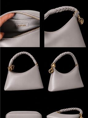 Aupem Soft Gray Braided-Handle Shoulder Bag with Gold Accents